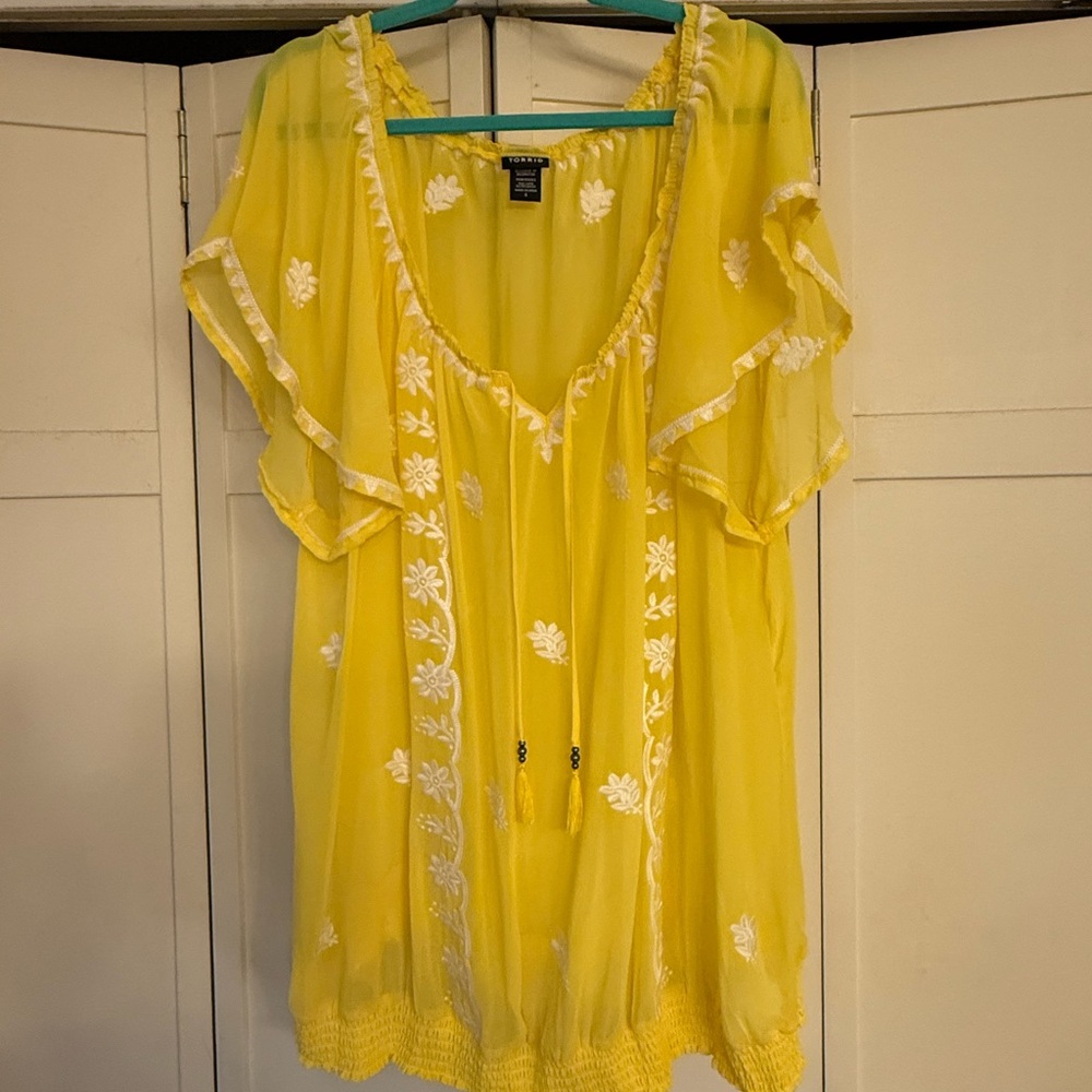Torrid Yellow Sheer Blouse with White Embroidery